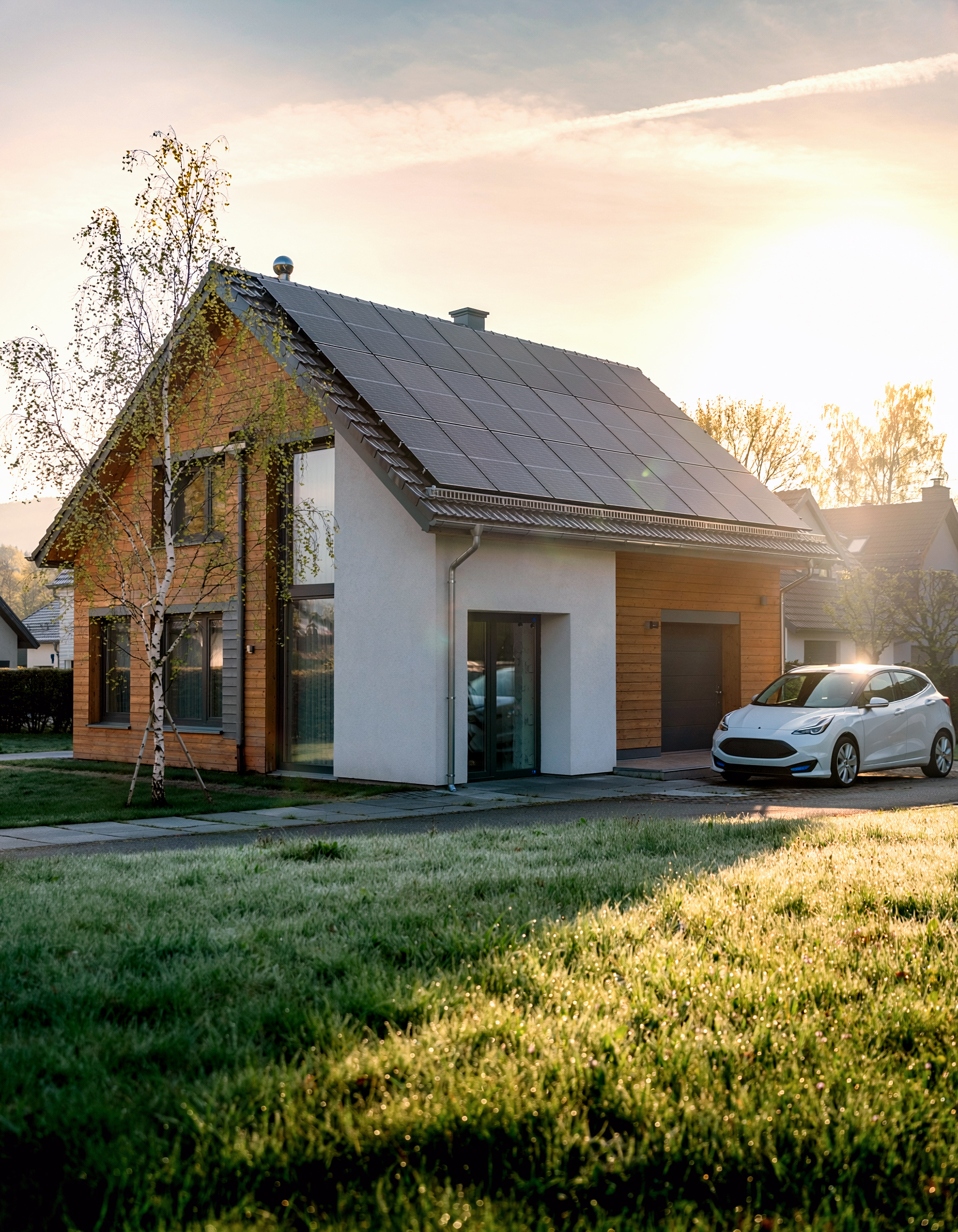 Einfamilienhaus mit moderner Solaranlage liefert Solarenergie frei Haus