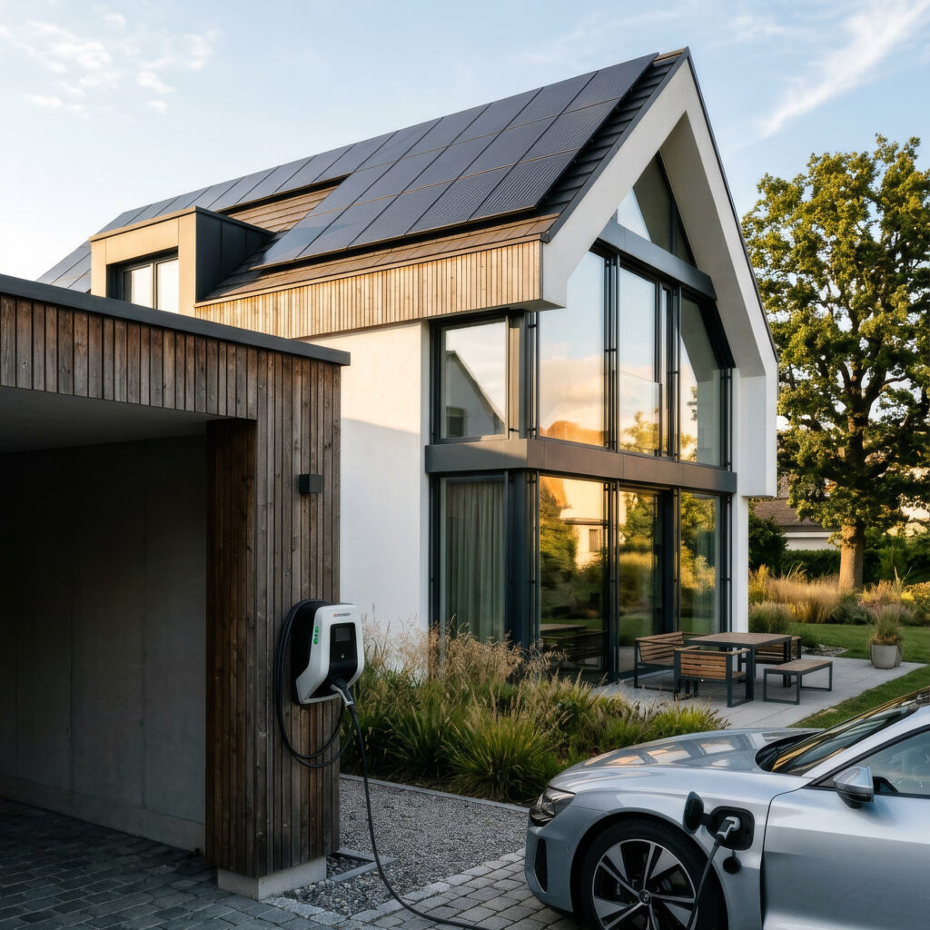 Einfamilienhaus mit moderner Solaranlage liefert Solarenergie frei Haus