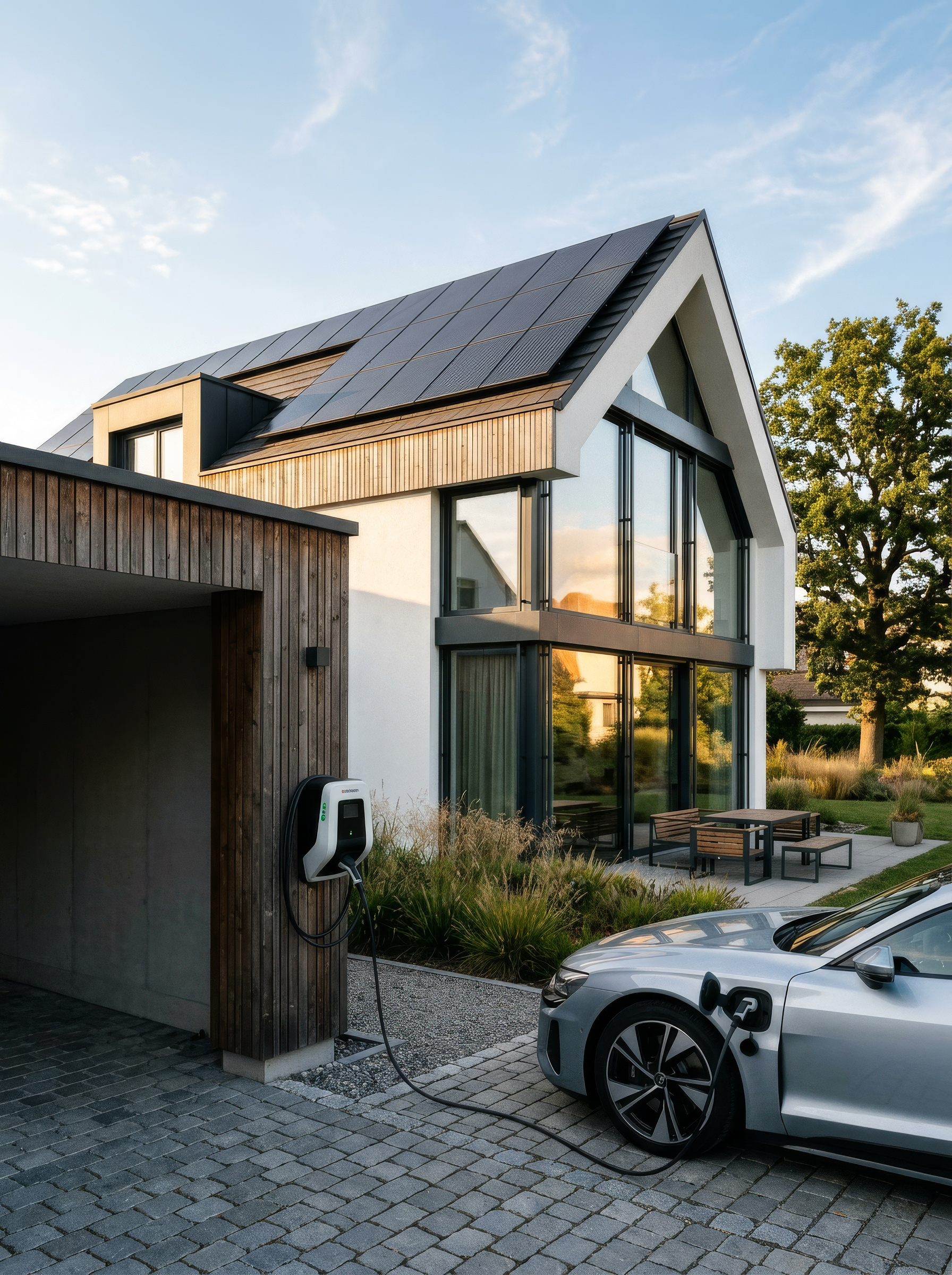 Einfamilienhaus mit moderner Solaranlage liefert Solarenergie frei Haus