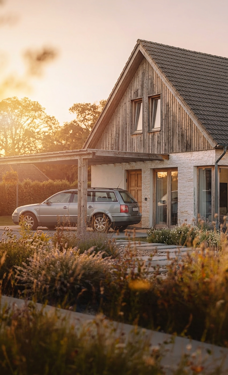 Keine Photovoltaikanlage auf einem Einfamilienhaus mit Verbrenner vor dem Haus