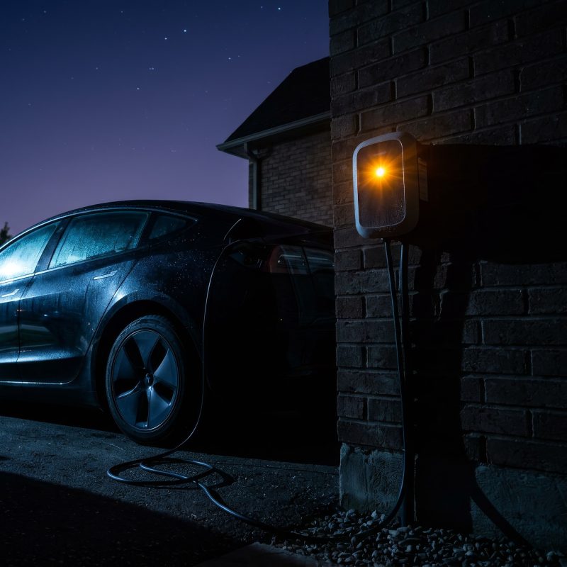 E-Auto lädt Solarstrom aus dem Stromspeicher bei Nacht.